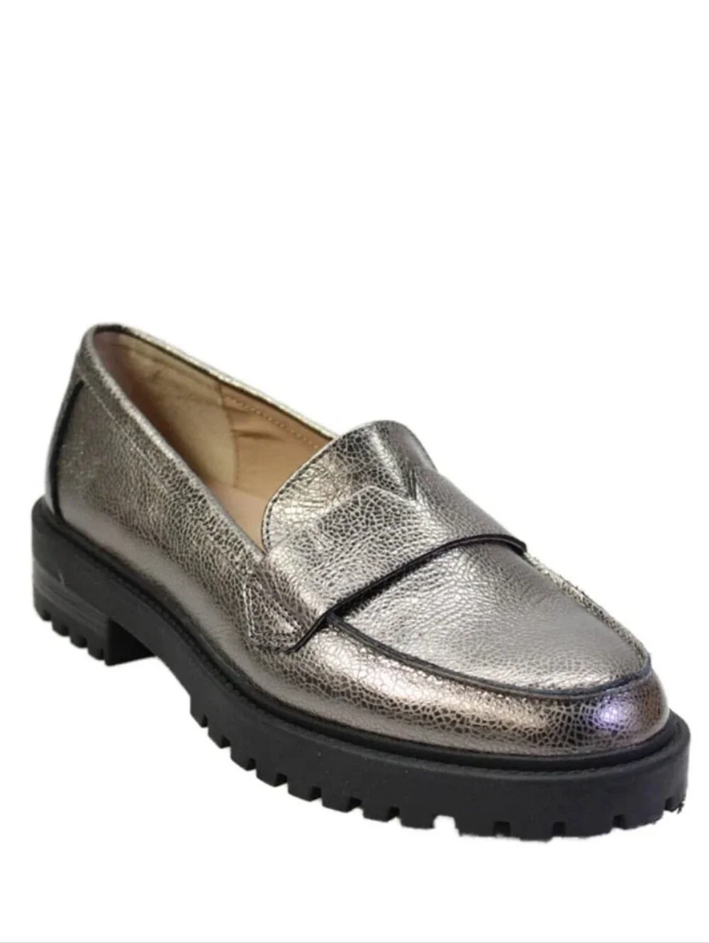 Banana Republic Vee Strap Leather Metallic Pewter Lug Sole Moc-Toe Lugg Loafer 7